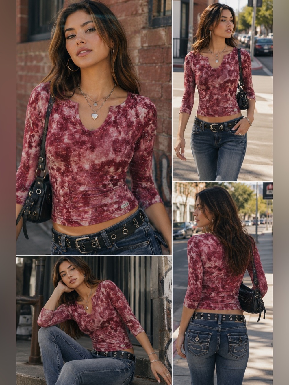 GUESS Glitter Tie-Dye Top |Fitted Shirt | Red Marble Wash Sparkle Glitter Thread